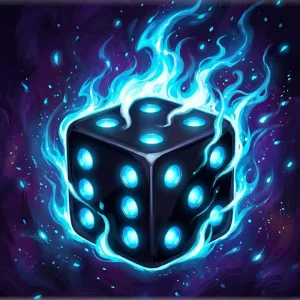 Dice Slayer emblem — a black die wreathed in blue flame